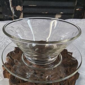 Clear Etched Glass Serving Bowl and Saucer - White
